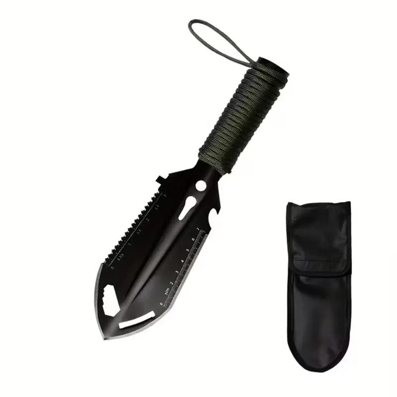 8-in-1 Multi-Purpose Camping Shovel - Heavy-Duty Metal Survival Tool with Serrated Edge, Ergonomic Handle & Carabiner Clip