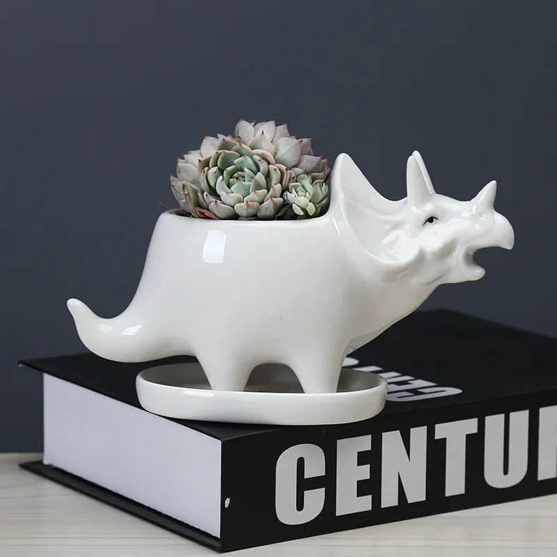 Ceramiczna donica Triceratops z tacą, kreatywna statua dinozaura doniczka ogrodowa na sukulenty doniczki Home Office dekoracja stołu