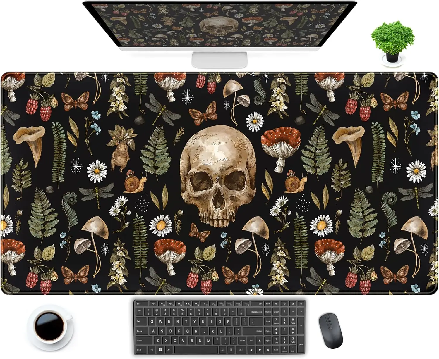 

Cool Skull Desk Mat Floral Mouse Pad Black Mushroom Plants Goth Desk Pad Office Desk Mats Decor Accessories for Women