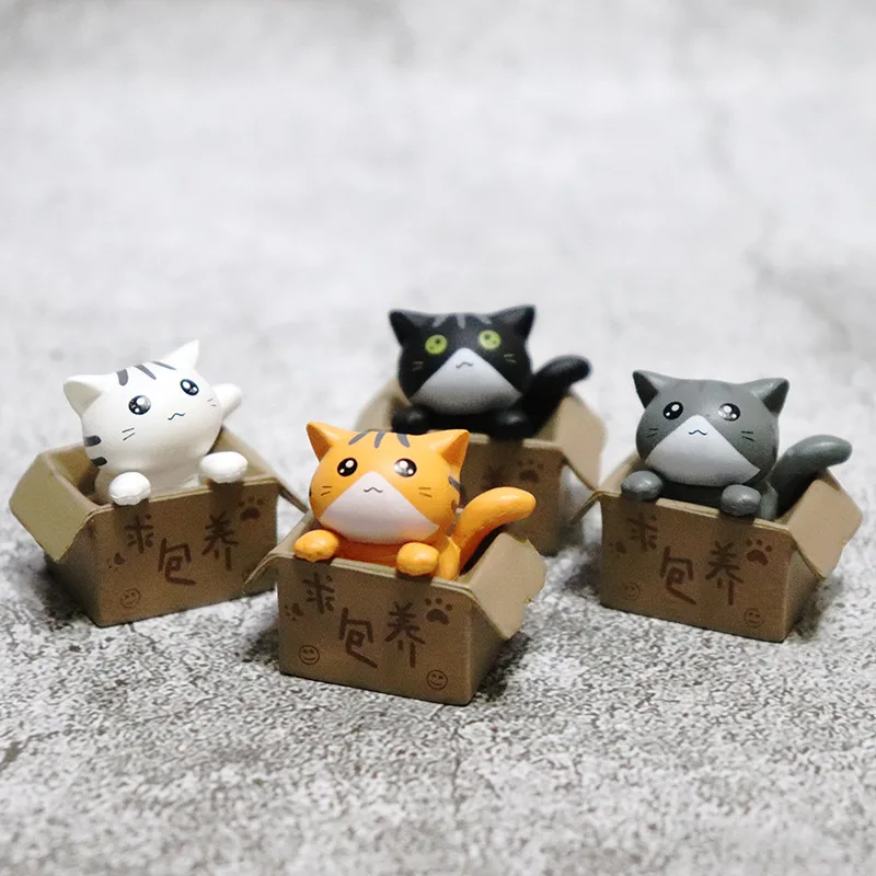 4Pcs Cute Mini Resin Box Cat Ornament Garden Fairy Micro Landscape Gift for Kids Baby Miniature Figurines Toys Dollhouse Model