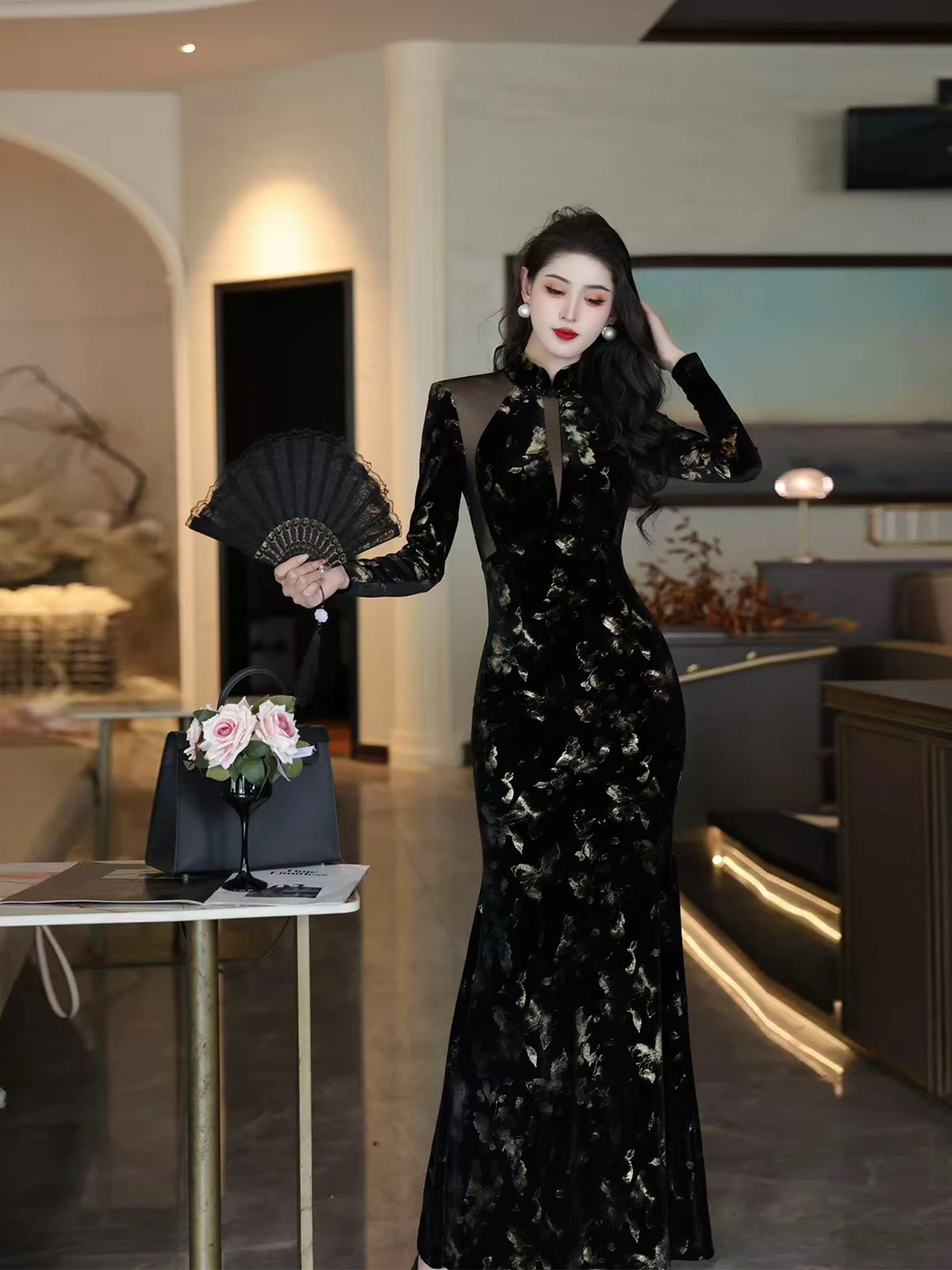 

Yukfei оригинальный высококачественный бархатный золотой штампованный с высокой талией для похудения Ele для женщин, винтажная повседневная одежда, длинный слэ...