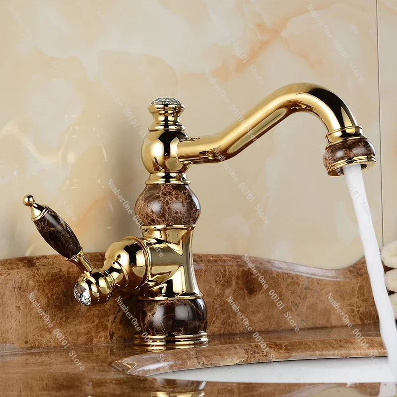 Basin Faucets Brass Jade Body with Marble Basin Faucet Single Handle Gold Finish Basin Sink Mixers Taps U-27