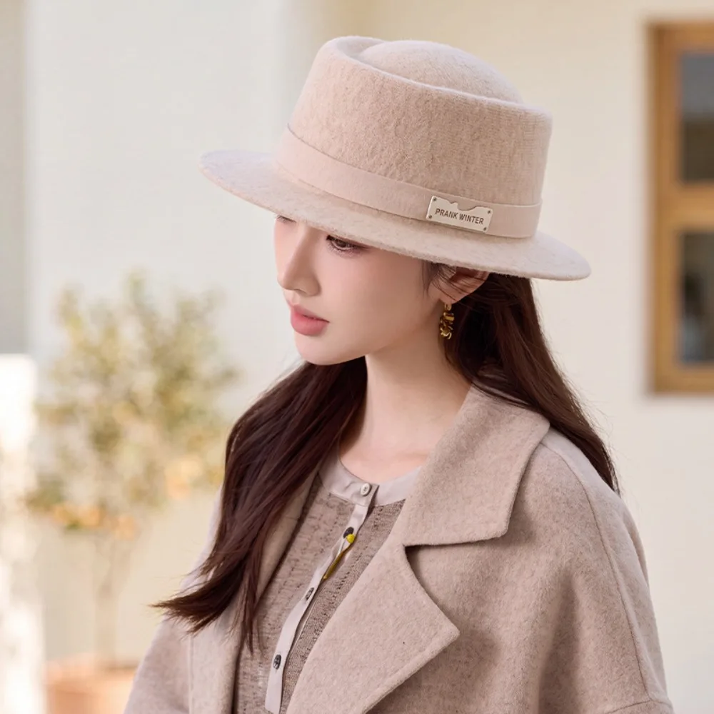 Wool Felt Flat-Top Fedora Hat Structured Crown Wide Brim French Fedora Hat Face-Flattering Shape Flat Top Retro Lady Hat