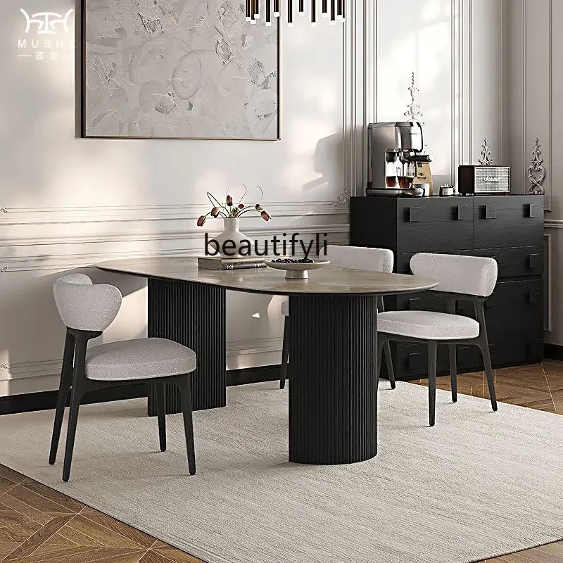 French retro rock slab dining table and chair combination modern oval solid wood rock slab dining table