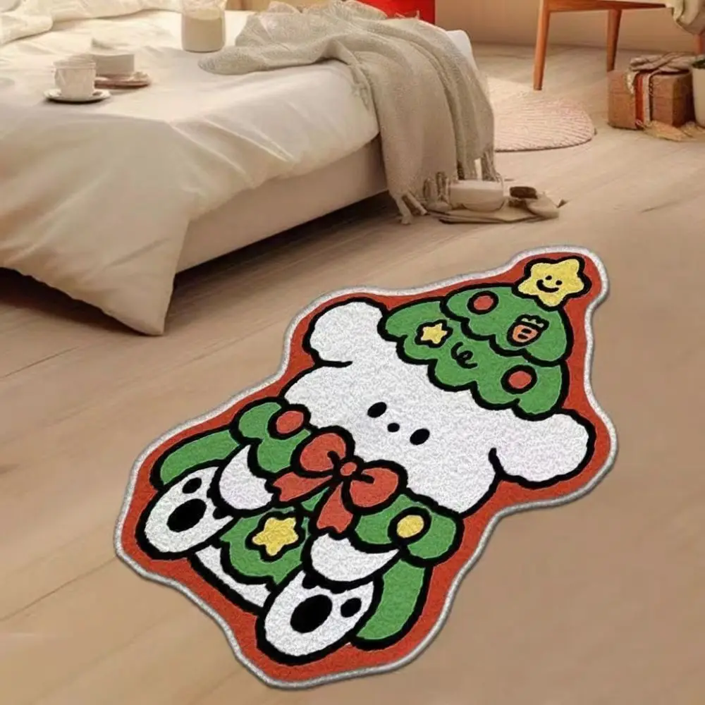 Cartoon Christmas Carpet Imitation Cashmere Xmas Tree Shape Bed Side Carpets Non-Slip Backing Soft Bedroom Rug