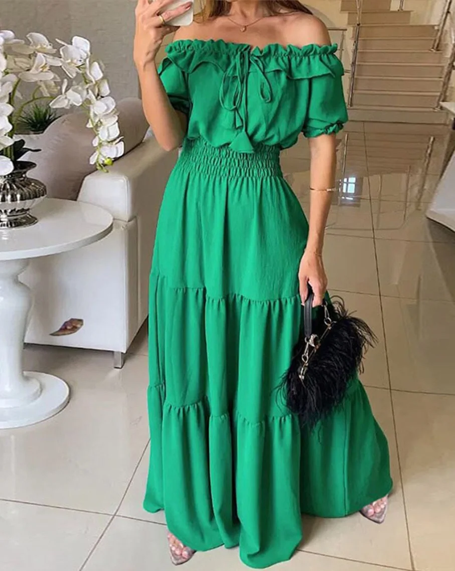 Moda Off Shoulder sznurowane długie sukienki z falbanką 2025 letnia nowa sukienka wakacyjna Boho kobieta dojeżdżająca do pracy jednoczęściowa sukienka na co dzień