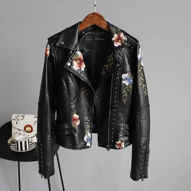 New Spring Autumn Women Biker Leather Jacket Floral Print Embroidery Pu Leather Jacket Turn-down Collar Zipper Jacket