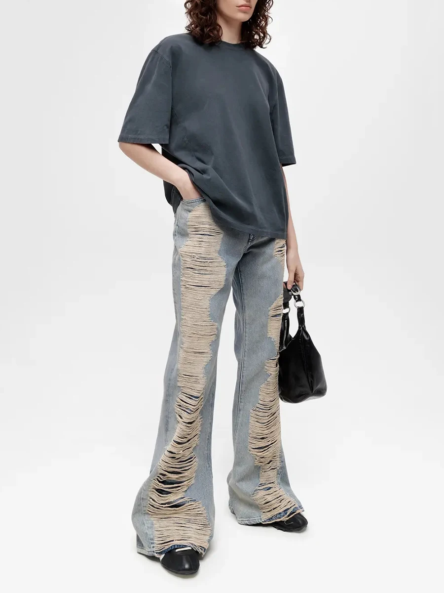 REDDACHiC anni 2000 Jeans svasati con fori in difficoltà Lavaggio vintage rilassato Pantaloni in denim strappati a vita alta Pantaloni lunghi Donna Streetwear