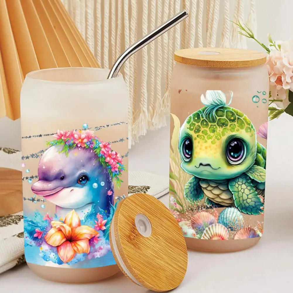 3D UV DTF Transfer Sticker For Glass Cups Personalize 16 Oz Cups Ocean Turtle Dolphin Whale Printed DIY Wrap Transfer Sticker