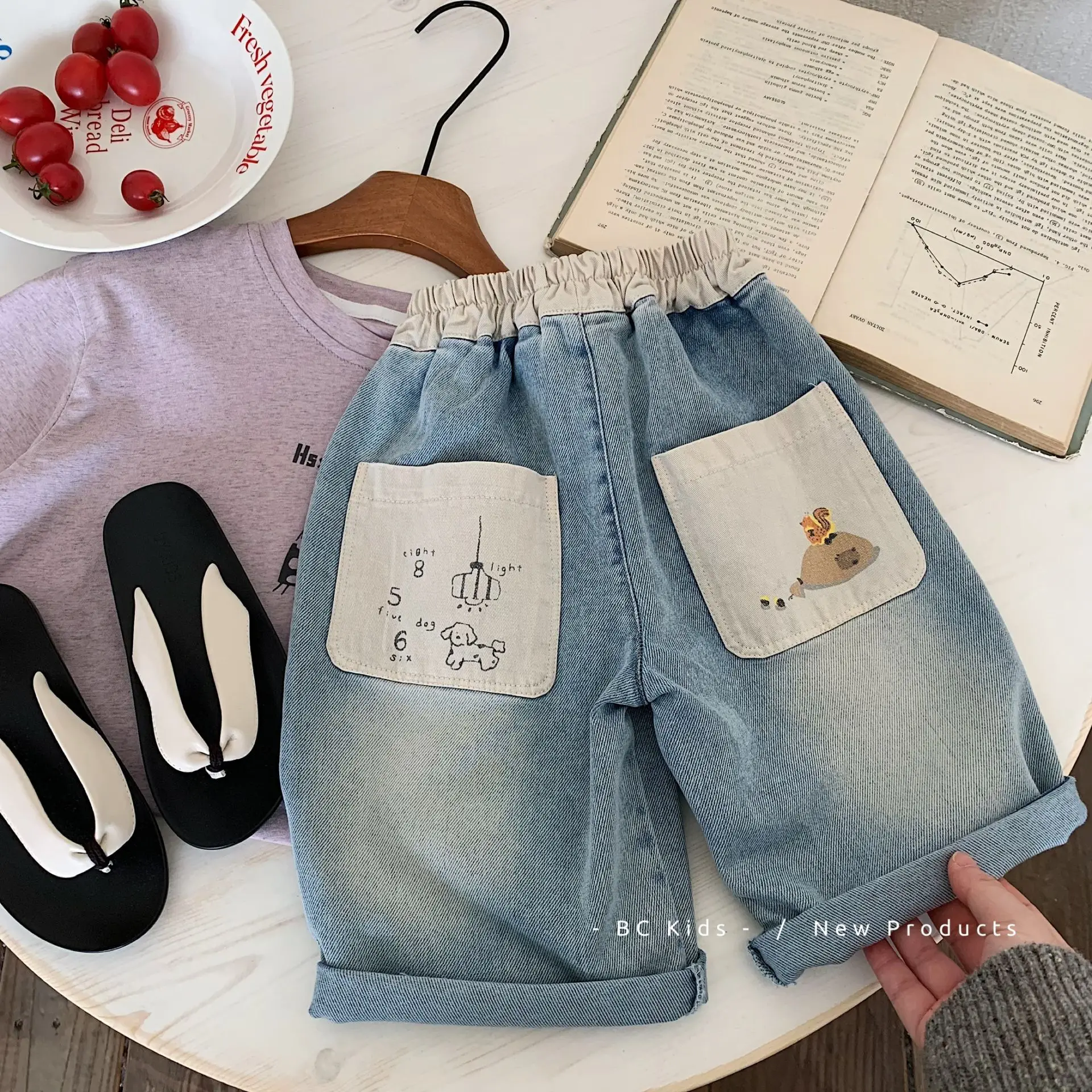

Children's Casual Pants 2025 Summer New Color Matching Boy's Jeans Cartoon Pockets Girl's Denim Pants Trousers