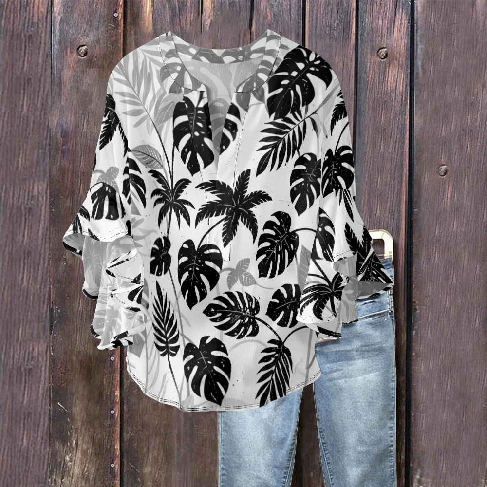 Tropical Palm Print Boho Chic Blouse Women's Summer Shirt with V-Neck and Ruffled Sleeves Casual Beachwear Cover Up for Holiday