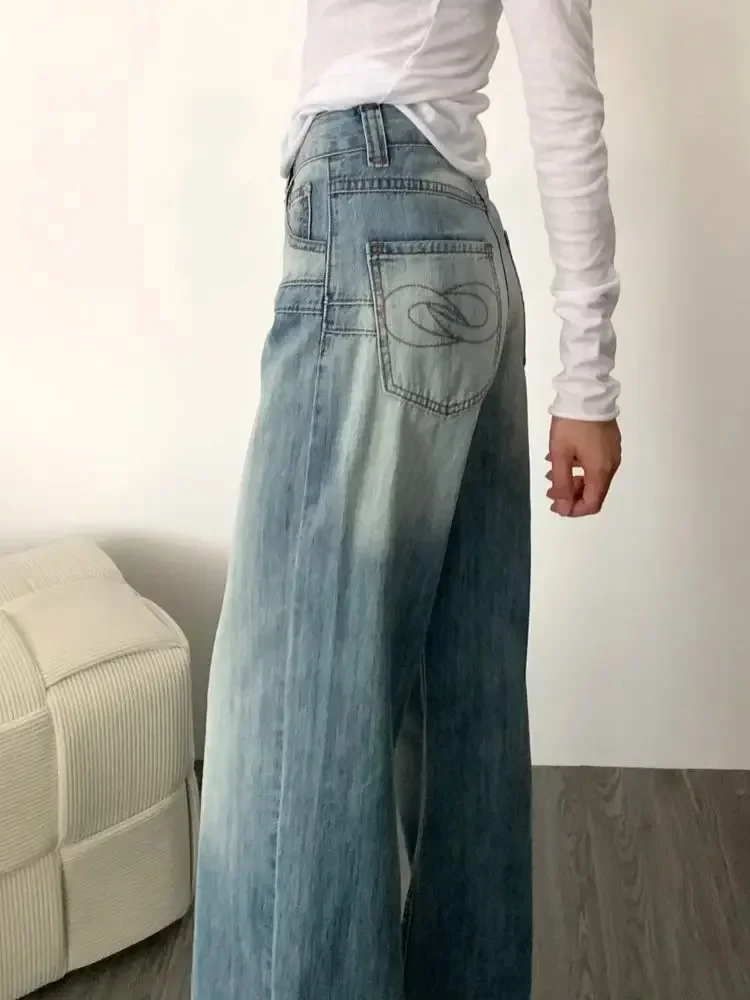 Houzhou vintage y2k 2000s baggy jeans mulher harajuku moda coreana calças jeans casual clássico básico retro calças soltas outono