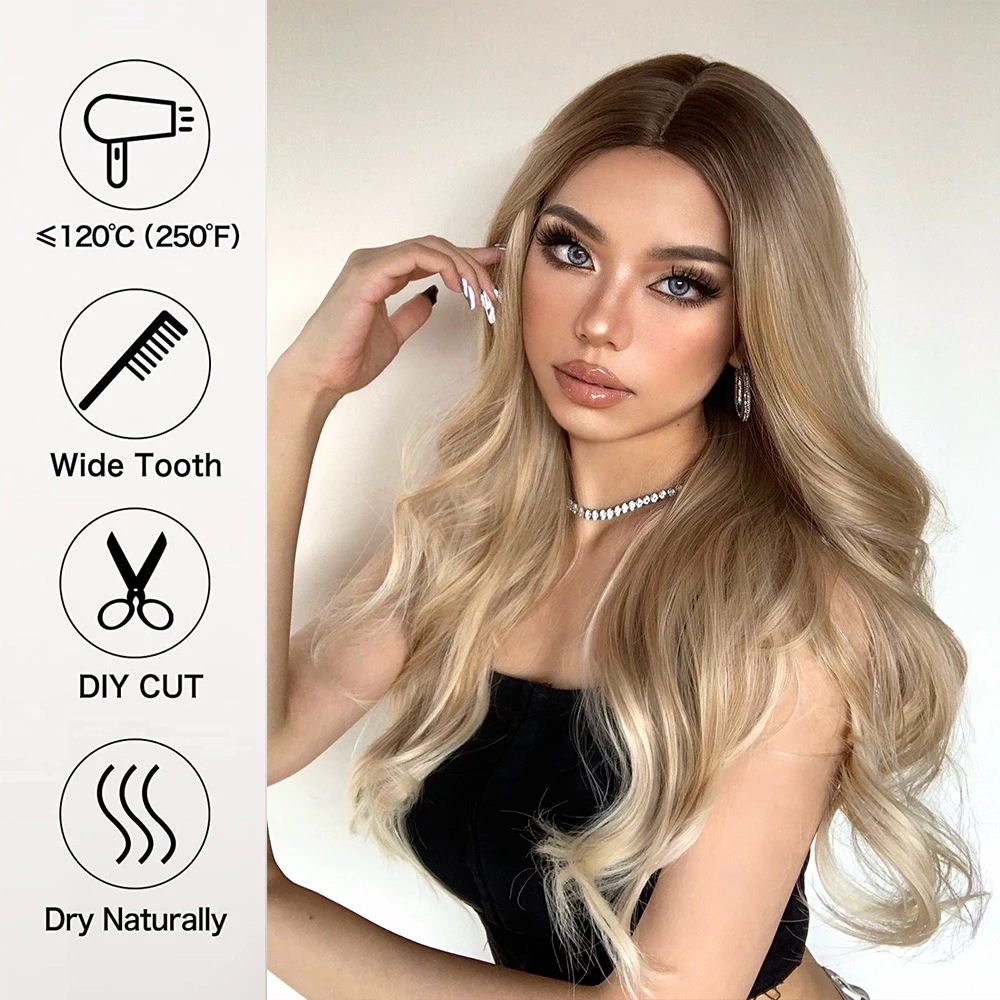 Brown Blonde Ombre Synthetic Wigs Long Curly Wavy Silky Wig Middle Part Cosplay Party Wig Natural Heat Resistant Hairs for Women