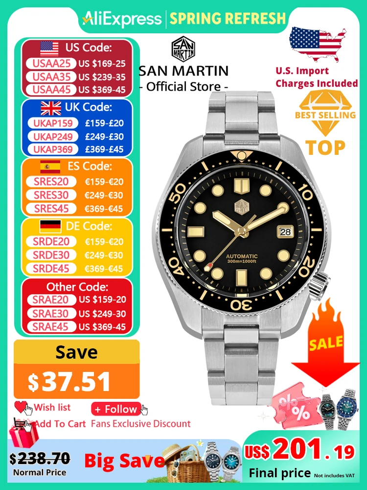 

San Martin 44mm Men Diver Watch Vintage MM300 Gilt Dial Sport NH35 Automatic Mechanical Sapphire Waterproof 300M C3 Lume SN0087