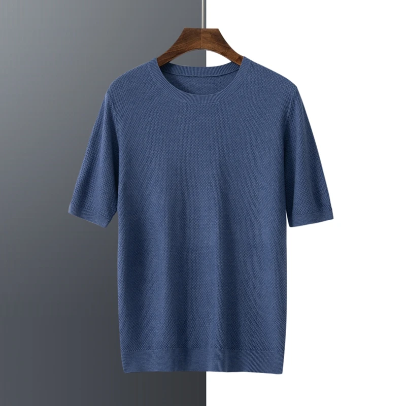 MOONYUEFA Summer New Mulberry Silk O-Neck Pullover Short Sleeve T-Shirt Men's Thin Comfortable Cashmere Bottoming Shirt