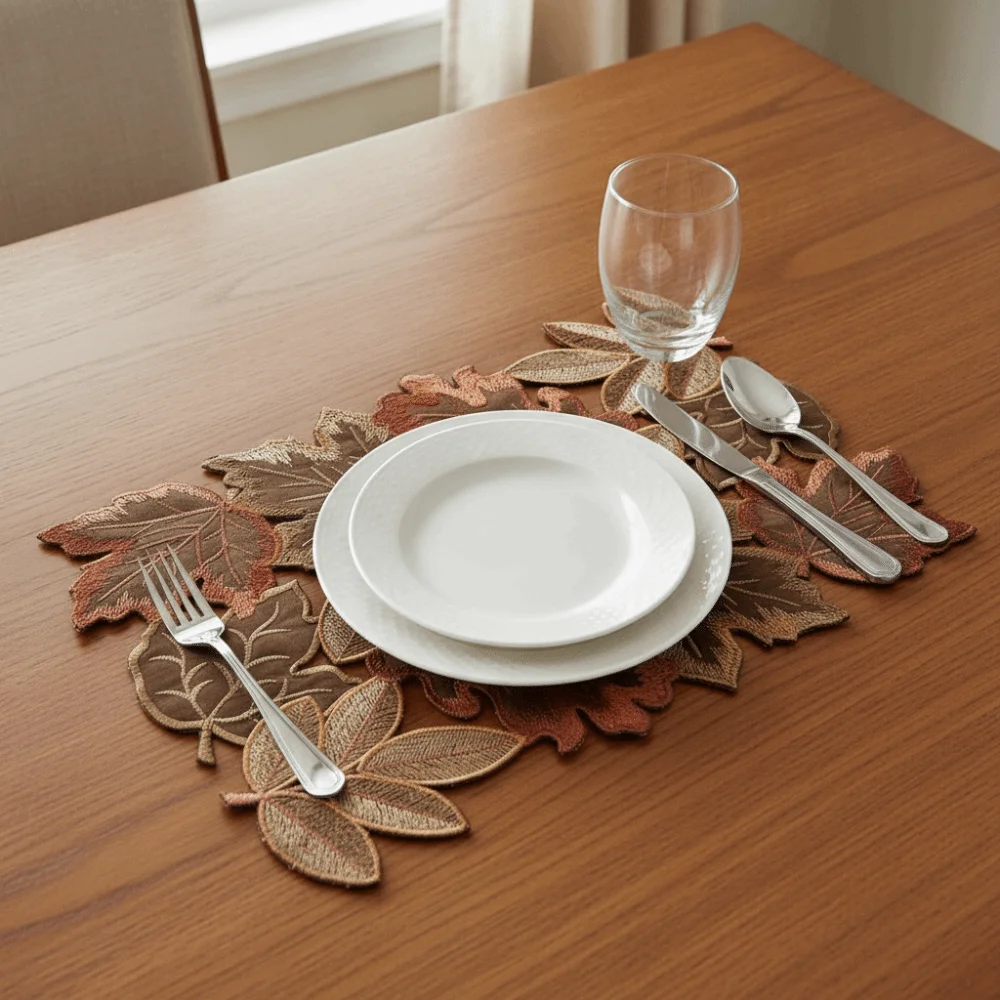 Rustic Style Maple Leaf Embroidered Table Runner Decorative Hollow Design Autumn Harvest Table Mat Brown Rectangular Tablecloth