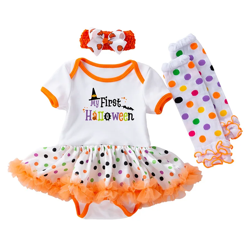 Halloween children\'s costume baby girls party costume printed witch hat baby jumpsuit socks short sleeved dress children sets