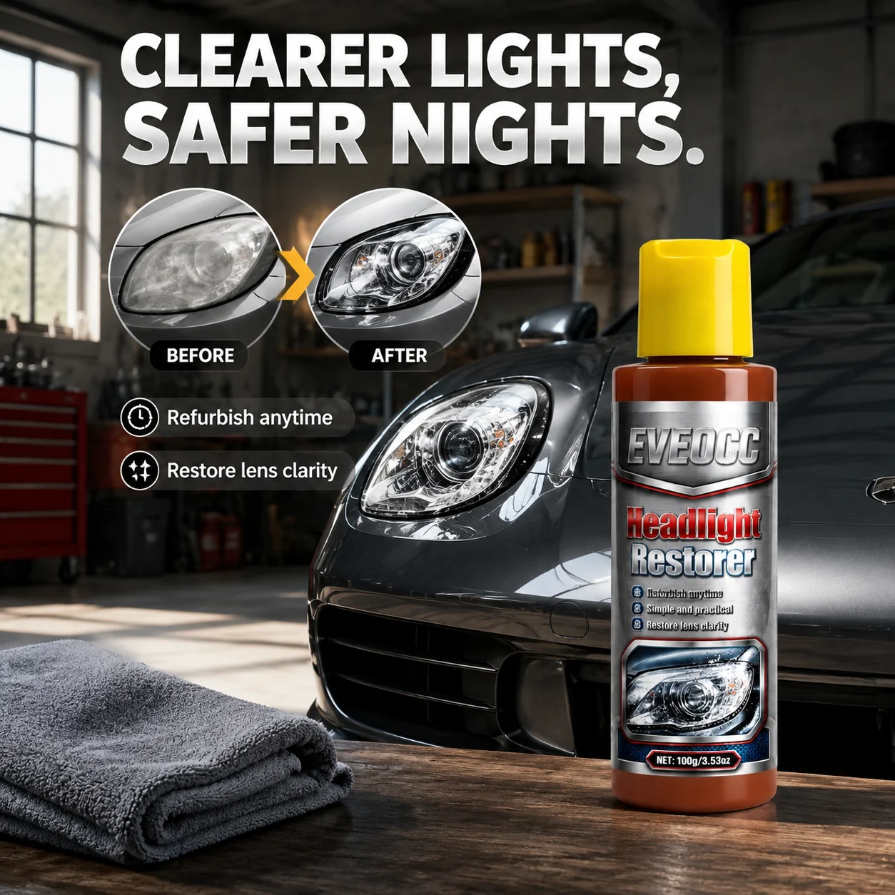 EVEOCC Automotive Headlight Restoration Agent, Simple Practical Headlamp Cleaner Polish Restore Lens Clarity