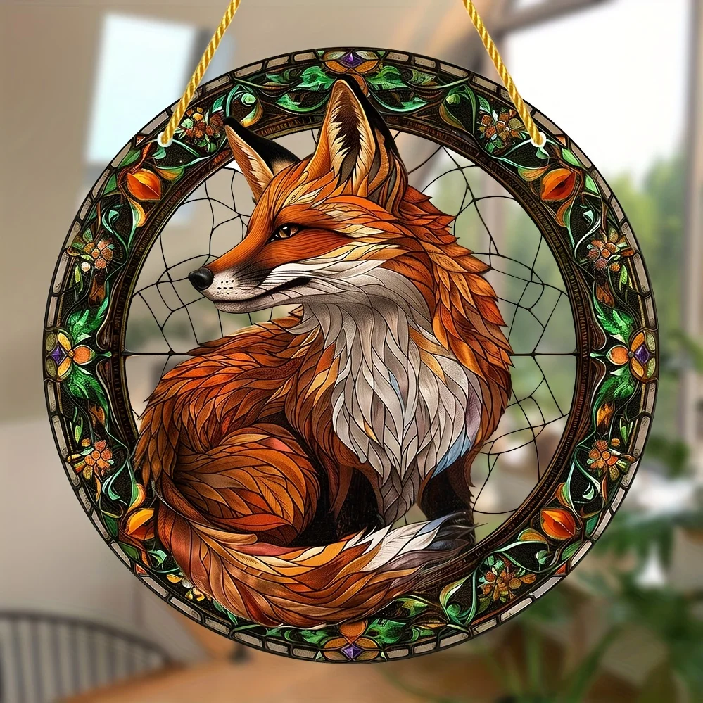 Fox Stained Glass Suncatcher,Round Acrylic Hanging Decor for Indoor Outdoor,Animal Theme Birthday Gift,Wreath Decor