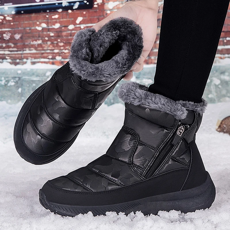 Couple Mid-top Warm Snow Boots Winter, Fleece Lined Height Boost Outdoor Walking Cotton Shoes for Men and Women
