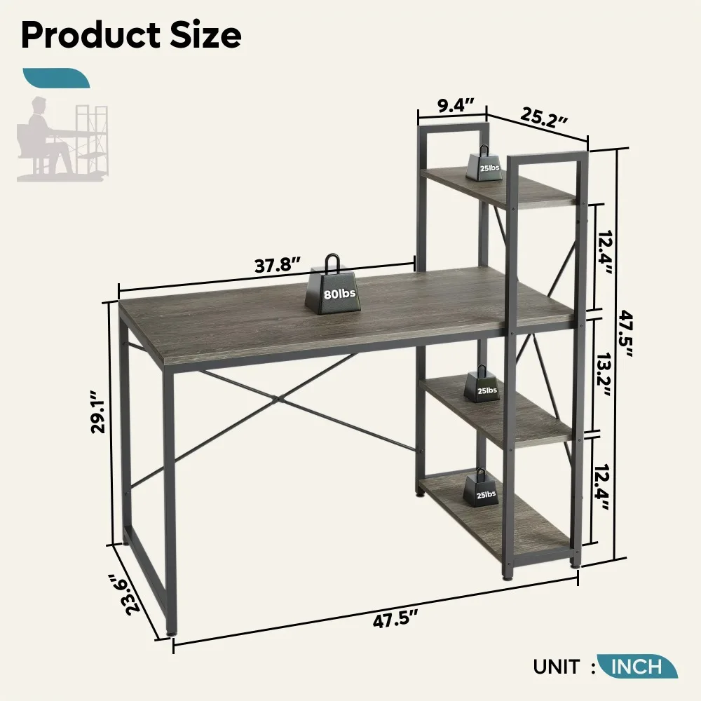 Home Office Desk, Sturdy Workstation with 4-Tier Shelves, 47'' Reversible Computer Desk, Computer Desk