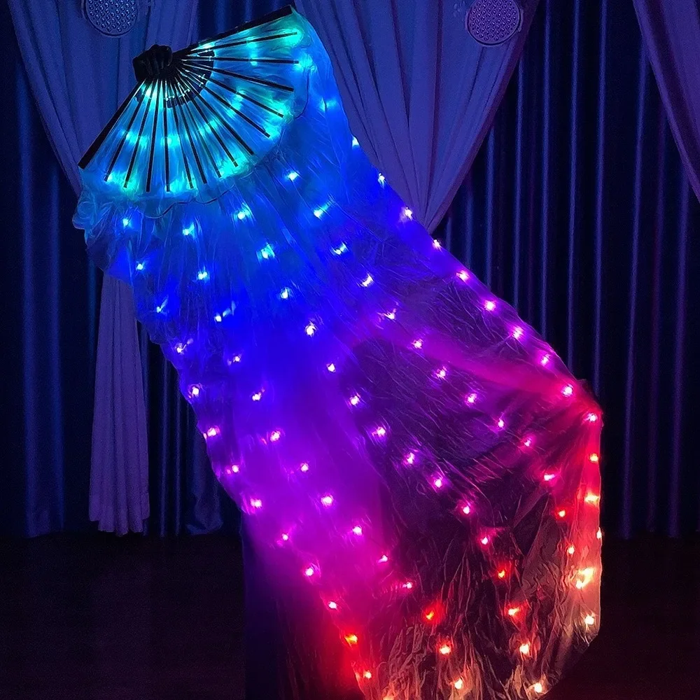 Abanicos largos de seda con luz LED para danza del vientre, accesorios para espectáculos de disfraces de Cosplay, arcoíris