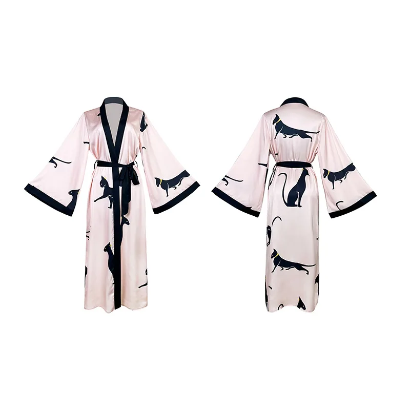 Accappatoio lungo da donna con stampa in raso, camicia da notte a maniche lunghe con lacci, abbigliamento da casa sexy