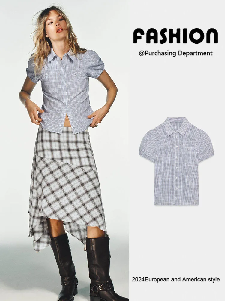 

Spring New Arrival Women's irt ZA2026 ort Sve Elastic lin Plaid irt Ele Versatile Quali Fabric European Sle