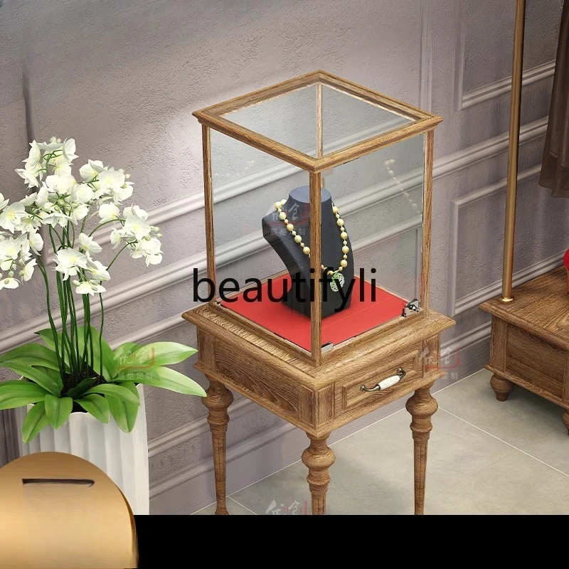 خمر الخشب الصلب الرجعية خزانة عرض المجوهرات اليشم الزجاج خزانة عرض المنتج #3