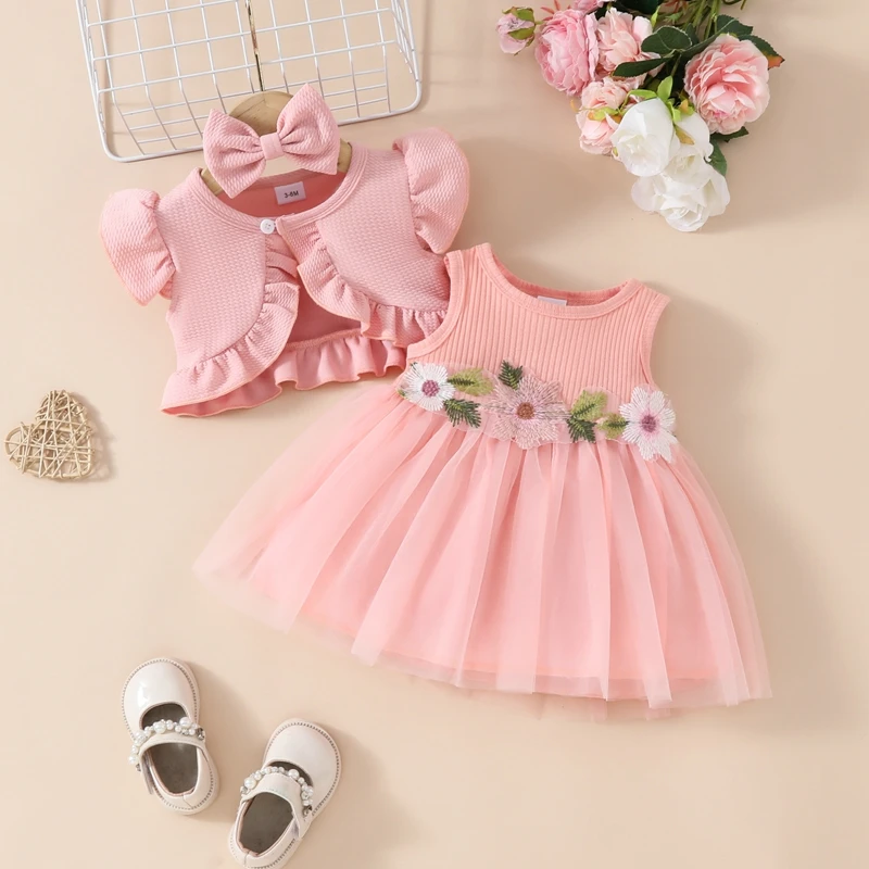 0-3Y Summer Fashion Toddler Baby Girls Clothes Sets Sleeveless Tulle Floral Dress with Button Up Coat Headband 3pcs Clothes