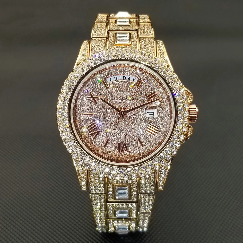 

Bling Iced Out Day Date Watch for Men Hip Hop Rap Singer West Coast Street Style Wristwatch Luxury Diamond Shiny Jewelry Clock