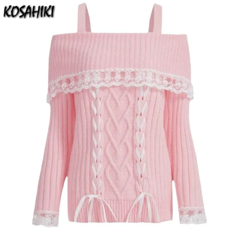 Kawaii Bandage Pullover Y2k Aesthetic Lace Patchwork Slash Neck Off Shoulder Sweater Women Vintage Harajuku Fairy Knitted Jumper