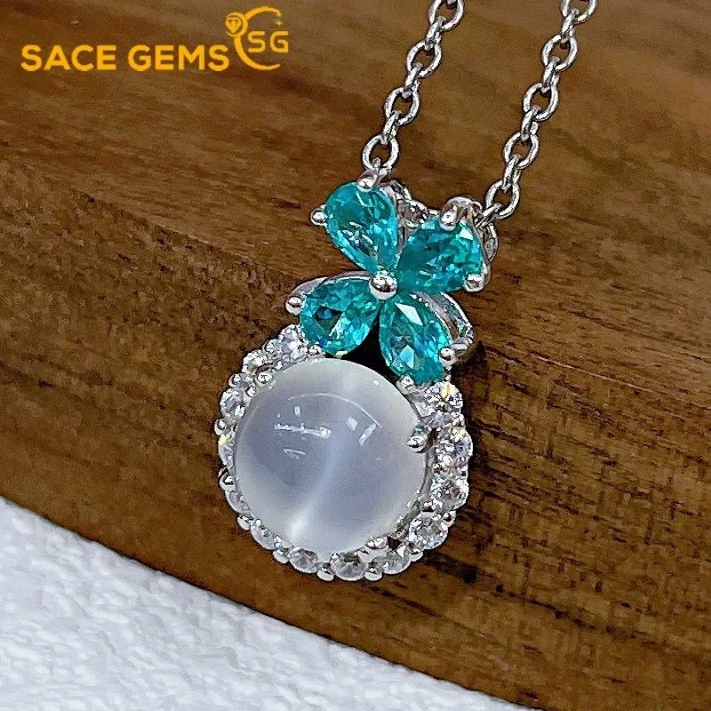 SACE GEMS Luxury 925 Sterling Silver Certified 8MM Natual Moon Stone Pendant Necklace for Women Cocktail Party Fine Jewelry