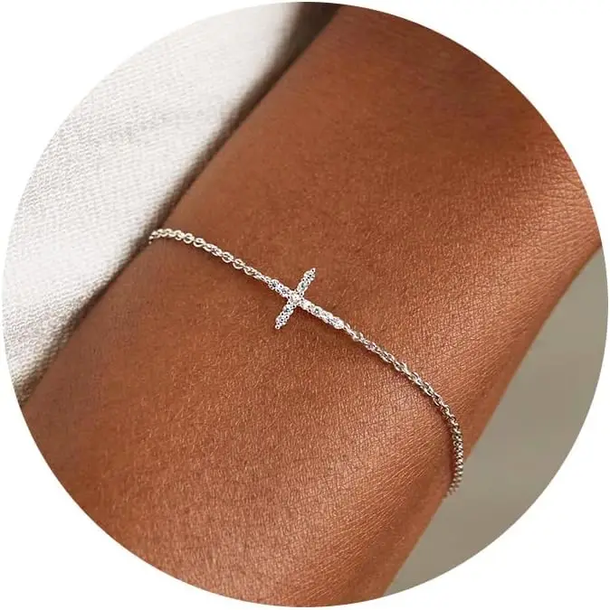 Sierlijke kruisarmband - 925 sterling zilver / 18k vergulde CZ-kettingarmbanden voor vrouwen Trendy religieuze christelijke sieradengeschenken
