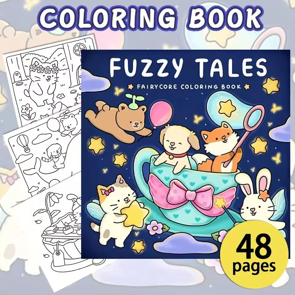 

Книжка-раскраска Fuzzy Tales Fairycore для взрослых и подростков с очаровательными персонажами животных, раскраска «Нечеткие друзья»