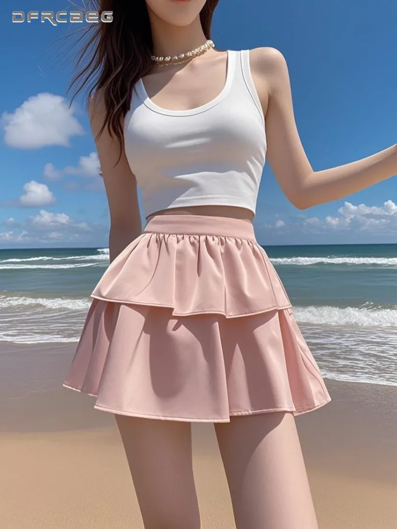 ピンクのサマーラッフルサテンケーキスカート、女性用ハイウエストカジュアルボールガウン、スイートショートスカート