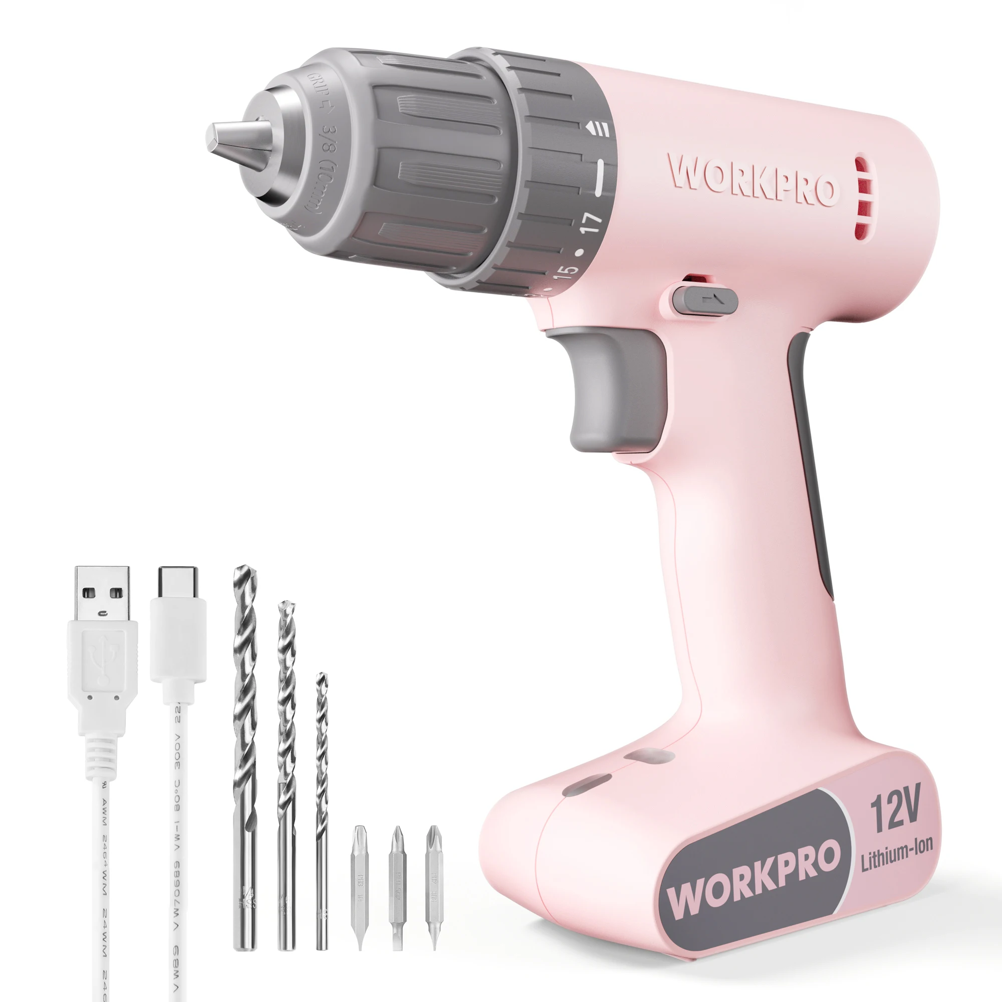 WORKPRO 12V Cordless Drill Driver Set Pink /White 17+1 Gear Torsion Adjustment  Electric Power Drill Tool Kit