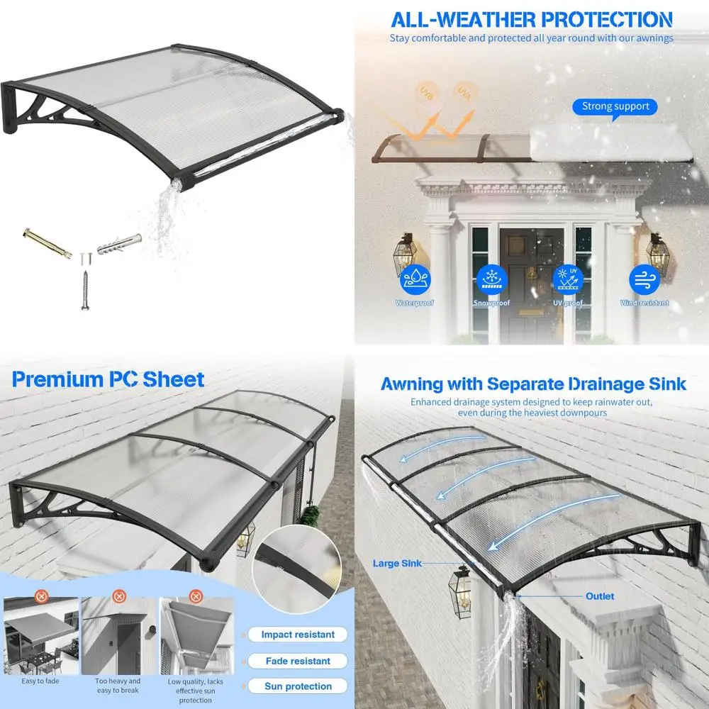 

Polycarbonate Front Door Awning 32x40 Inches - UV and Rain Protection with Separate Drainage System for Exterior Door Entrances