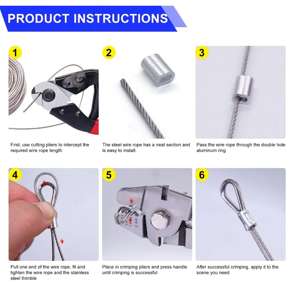 Wire Rope Crimping Tool Kit with 240 Sleeves, 165FT Cable, Thimbles & Cutter for DIY and Industrial Use
