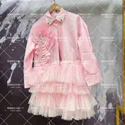 Luxury Woman Lace Spliced Multi-Layers Ruffles 3D Floral Shirts Pink Mesh Pleated Lotus Diamonds Blouses Dress Long Sleeved Tops