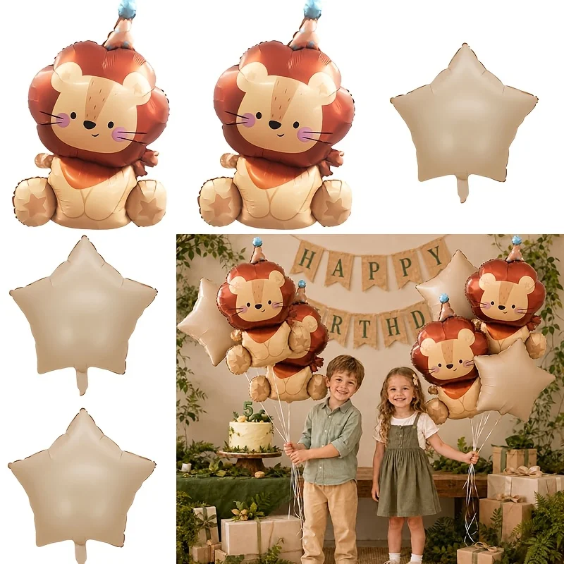 7-teiliges Set: Cartoon-Tier-Geburtstagskappe, Löwen-Folienballons, Karamell-Fünfstern, Wald-Dschungel-Themenparty-Deko, Geschenke für Babypartys