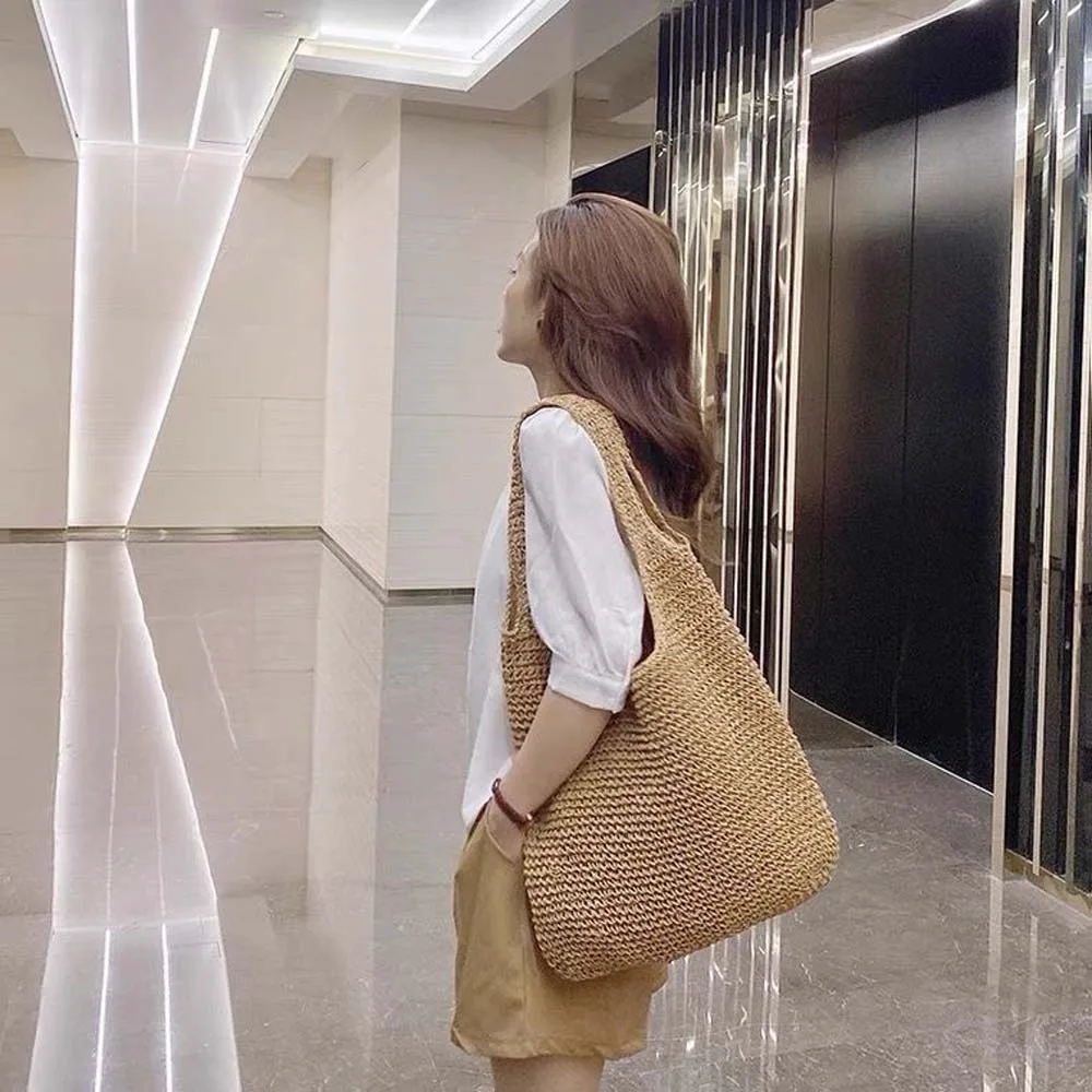 

Модная милая тканая большая сумка, дышащая соломенная сумка для покупок, летняя пляжная сумка из полиэстера цвета хаки, повседневная