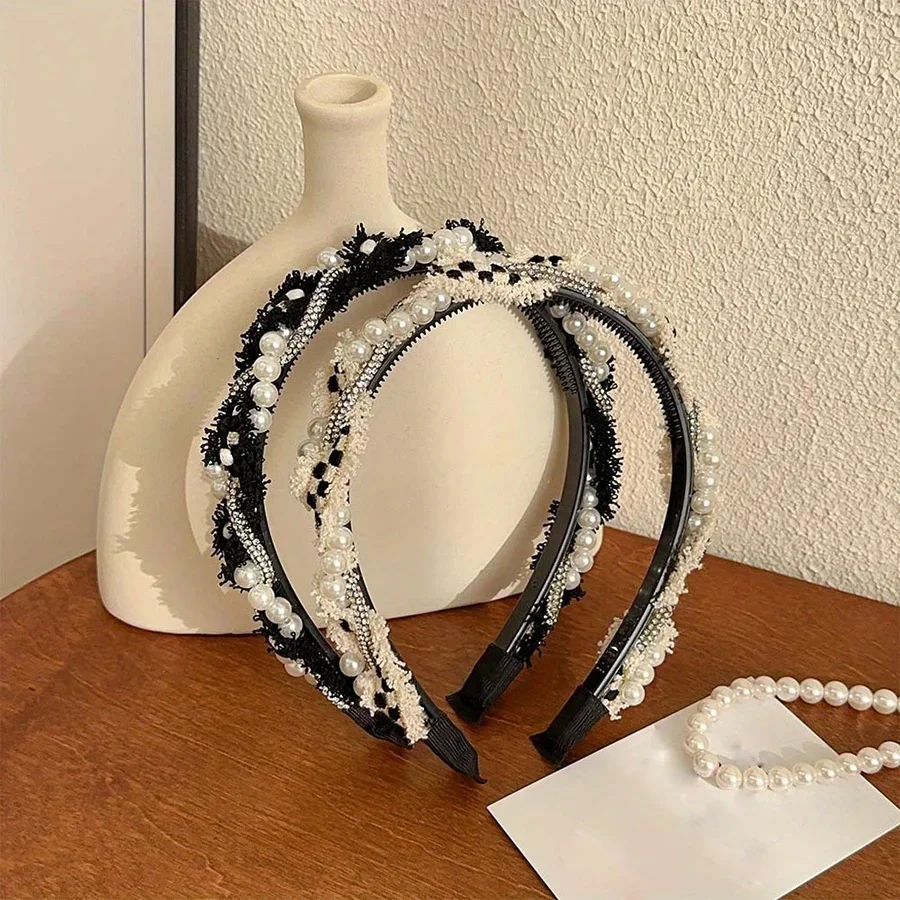 

Luxury Korean Woven Headband Pearl Rhinestone Accent Elegant Twist Hair Hoop Non-Slip Comfort for Women Girls