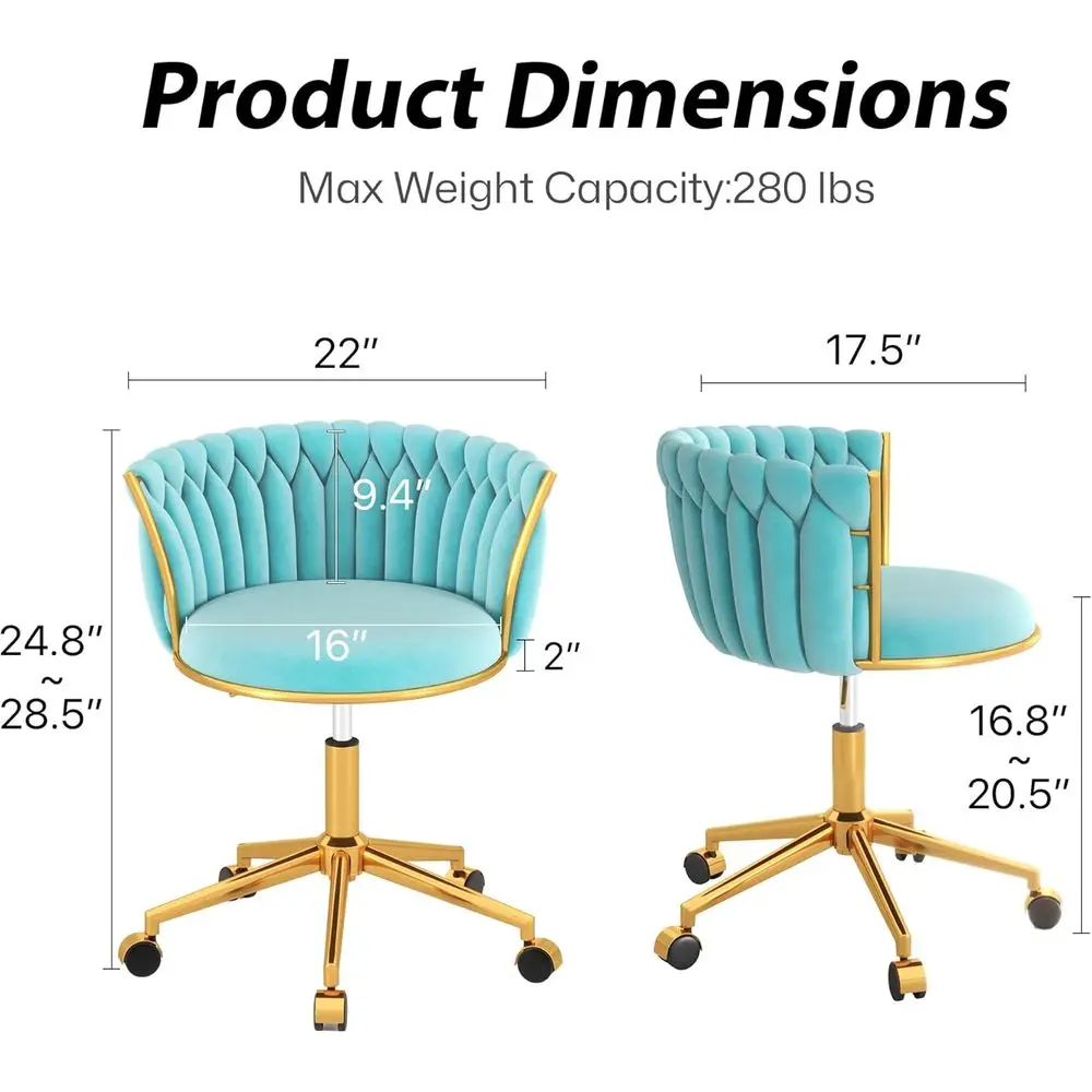 Cyan Velvet Swivel Office Chair with Adjustable Height, Gold Base for Home Study or Computer Room