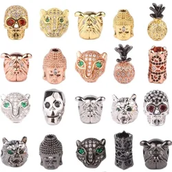 3pcs Micro Pave Zircon Beads Helmet Wolf Buddha Skull Bead DIY Bracelet Necklace Design Jewelry Crafts Charms Making Accessory