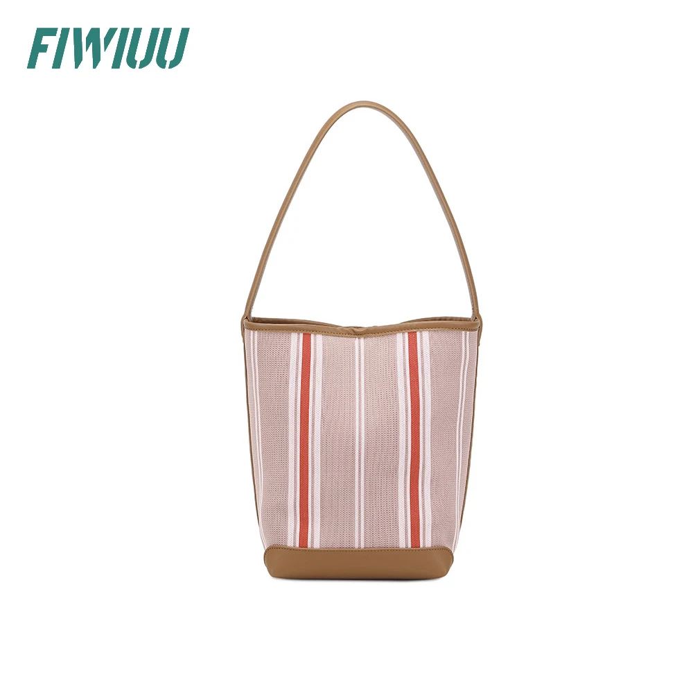 FIWIUU Women Bucket Shoulder Bag Splicing Canvas Handbag Contrasting Stripe Bag Axillary Bag Tote Bag Hobo Shopper