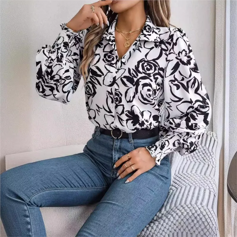 

Blouse 2024 Autumn Elegant Color Contrast Flower Lantern Sleeves Flip Collar Shirt Women's Fashion Long Sleeve Office Clothing