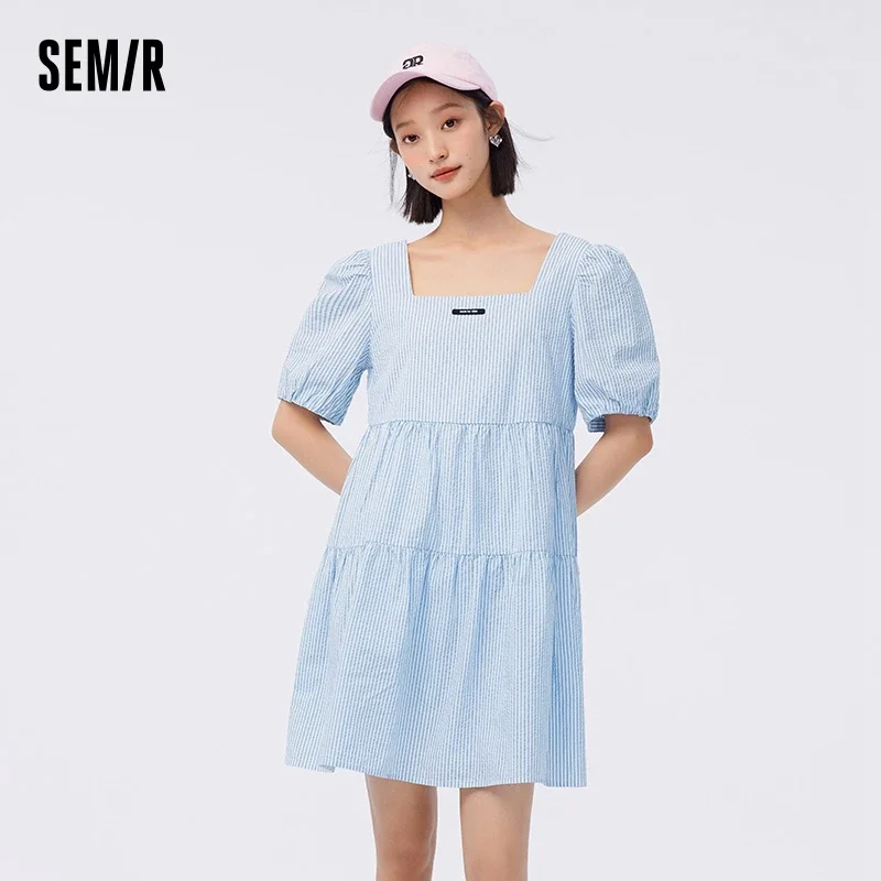 

Semir Dress Women Bubble Sleeve Square Neck 2024 New Summer Muscle Stripe Doll Dress Playful