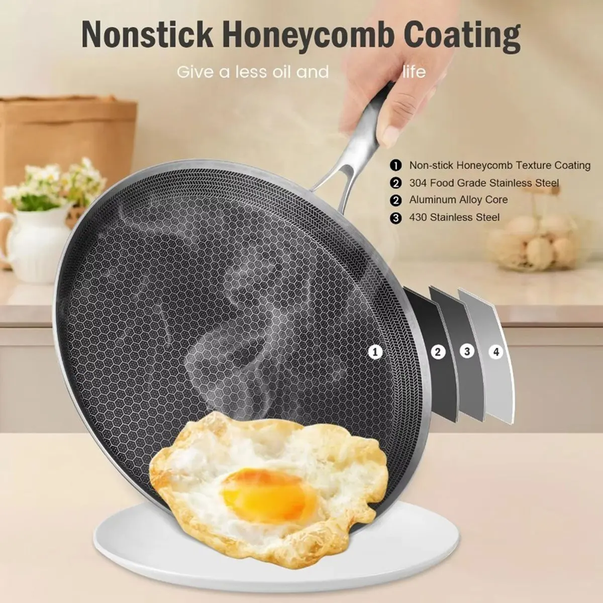 

Stainless Steel Crepe Pan Non-Stick Pan Honeycomb Coating Frying Pan Pizza Pan 26 Kitchen Cookware Pancake Egg Pan