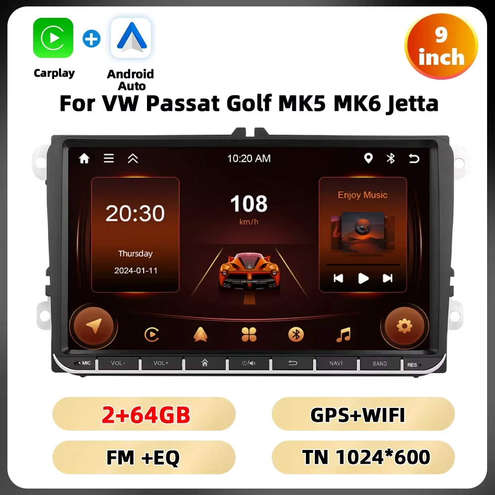 Podofo 6 + 128G 7 ''/8''/9 ''Autoradio voor VW/PASSAT/GOLF/POLO/BORA Multimedia Speler Android Auto Carplay WIFI GPS EQ Auto Audio